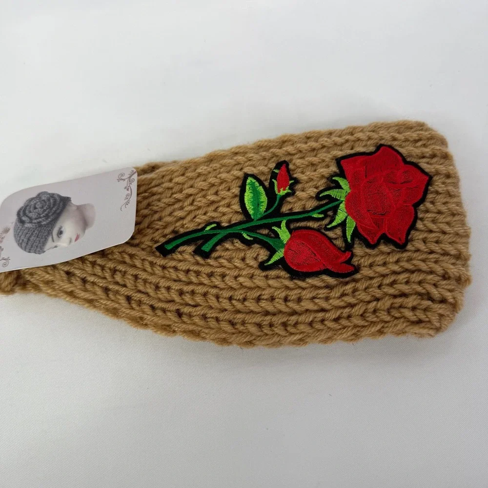 Tan Knit Rose Embroidered Ear Warmer Headband Floral Winter Headwrap WT-510R NEW